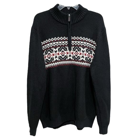 Nordic Izod Mens Knit Quarter Zip Sweater Size XL Black Fair Isle Holiday Winter - Picture 1 of 5